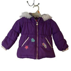 London Fog Parka Puffer Coat Winter Purple Faux Fir Hood Patch Star Youth Girls
